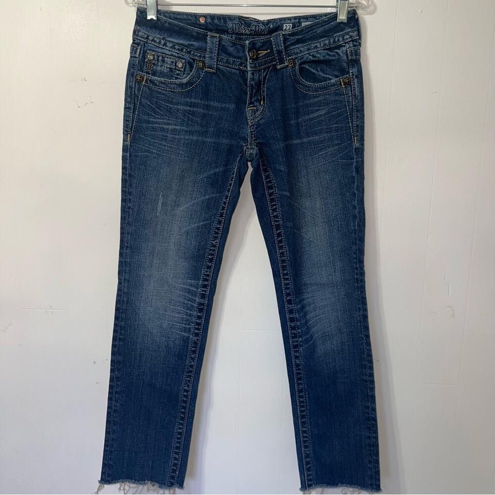 Miss Me Skinny Raw Hem Embroidered Bling Pocket Denim Y2k Moto Jeans Size 27 - Picture 15 of 15